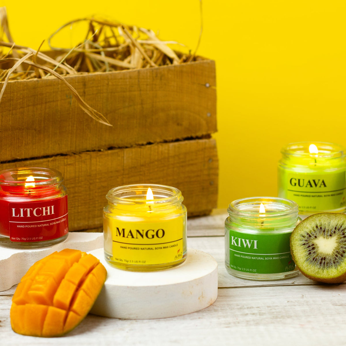 Set of 4 Fruity Scented Soy Wax Jar Candles – Mango, Kiwi, Guava & Litchi