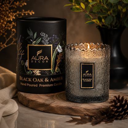 Luxury Black Oak & Amber Scented Candle – Hand-Poured Decorative Candle