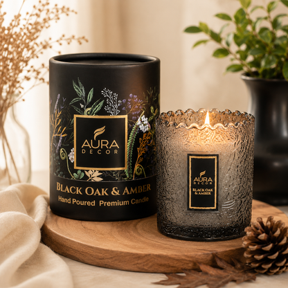 Luxury Black Oak & Amber Scented Candle – Hand-Poured Decorative Candle