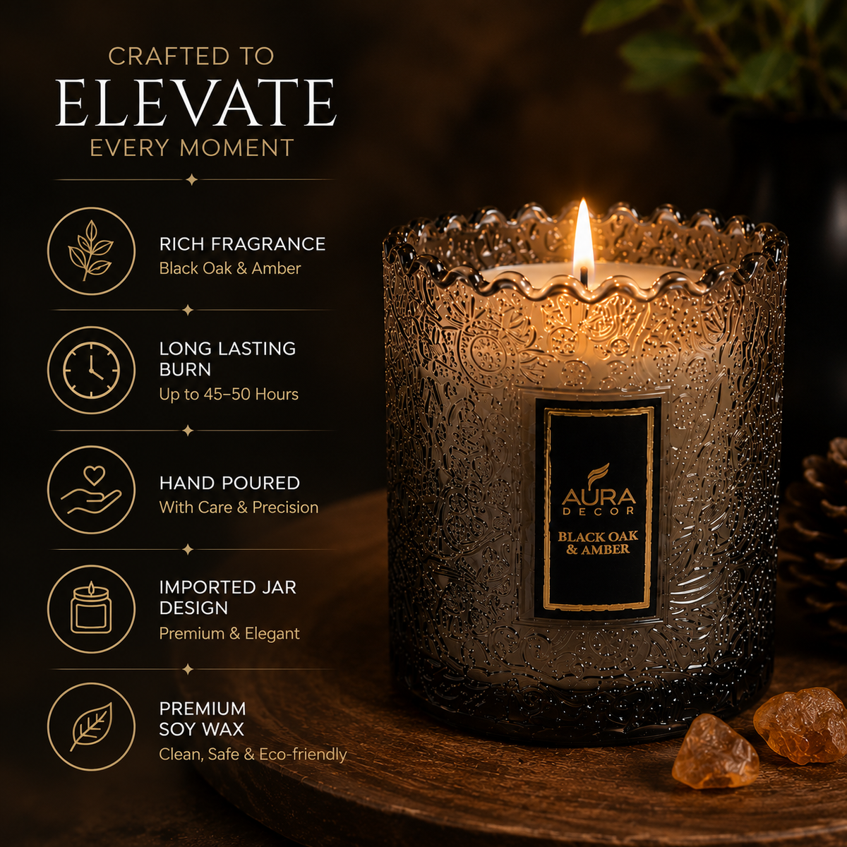 Luxury Black Oak & Amber Scented Candle – Hand-Poured Decorative Candle