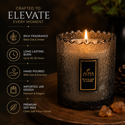 Luxury Black Oak & Amber Scented Candle – Hand-Poured Decorative Candle