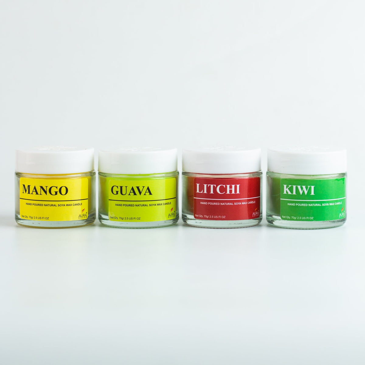 Set of 4 Fruity Scented Soy Wax Jar Candles – Mango, Kiwi, Guava & Litchi