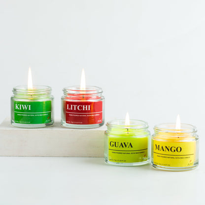 Set of 4 Fruity Scented Soy Wax Jar Candles – Mango, Kiwi, Guava & Litchi
