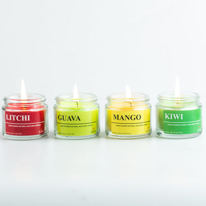 Set of 4 Fruity Scented Soy Wax Jar Candles – Mango, Kiwi, Guava & Litchi