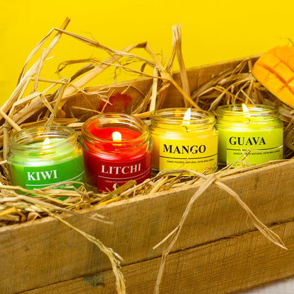 Set of 4 Fruity Scented Soy Wax Jar Candles – Mango, Kiwi, Guava & Litchi