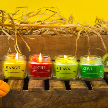 Set of 4 Fruity Scented Soy Wax Jar Candles – Mango, Kiwi, Guava & Litchi